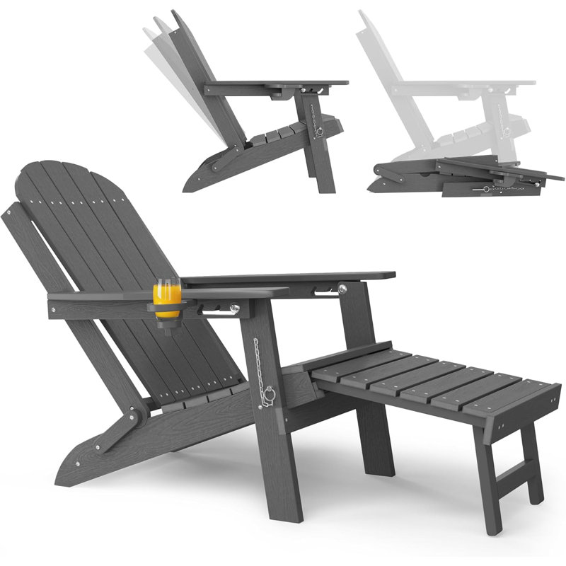 Chaises Adirondack pliantes toutes saisons avec repose-pieds, dossier réglable et 1 porte-gobelet pour l'extérieur, Gris