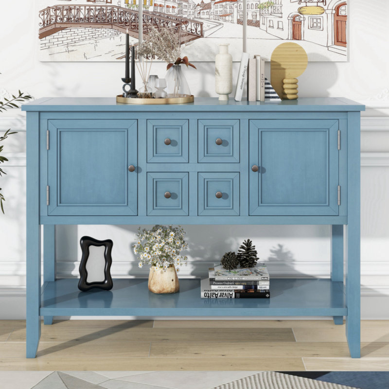 Console Keyania avec quatre petits tiroirs et tablette inférieure, Bleu foncé