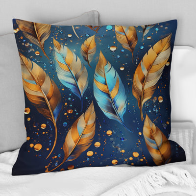 Coussin Boho Glam Gold Feathers On Cosmic Blue I - Feathers