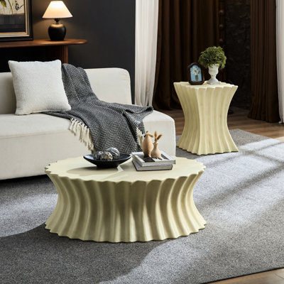 Table basse vintage en fibre de verre de 35,31 po + 15,16 po pour espace de vie, beige et usure, sans assemblage requis Pièce carrée beige, style, facile à nettoyer,