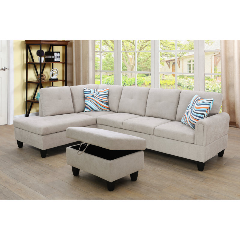 Tatman Upholstered L-Shaped Sectional, Left Hand Facing, Gray White Flannelette