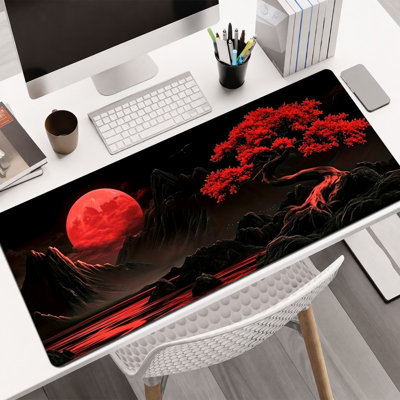  Rubber Mouse Pad, Smooth Microfiber Surface, Non-Slip Base, Rounded Edge Decorative Mouse Mat for Office & Gaming , Red Blood Moon Landscape