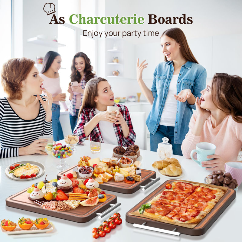 Planche à découper double face, planche à découper en acier inoxydable de titane pour la cuisine, planche à découper en bois d'ébène avec rainure à jus