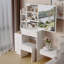 Petite coiffeuse 29,2 po avec tabouret de chevet gauche + tabouret rembourré, très grand miroir coulissant à droite, rangement multi-couches à grande capacité, commode pratique et pratique, convient aux petits espaces