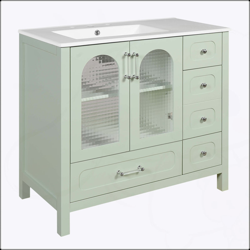 Armoire de salle de bain avec portes texturées gaufrées, huit tiroirs, quatre portes à fermeture en douceur et deux éviers pour un rangement élégant