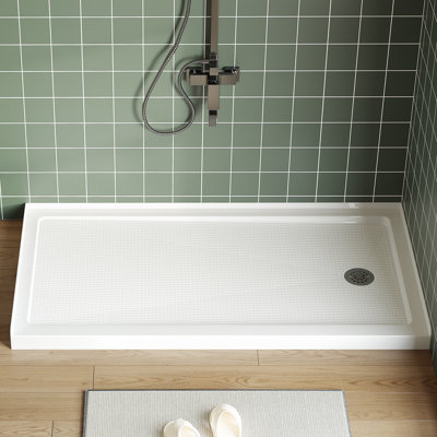Base de douche en acrylique anti-dérapant 60 po x 32 po Drain à droite certifiée CUPC, plateau de douche en ABS léger avec ensemble de bonde centrale, capacité de 500 lb, bonde réversible, bac de douche à seuil bas pour rénovation de salle de bain, blanc