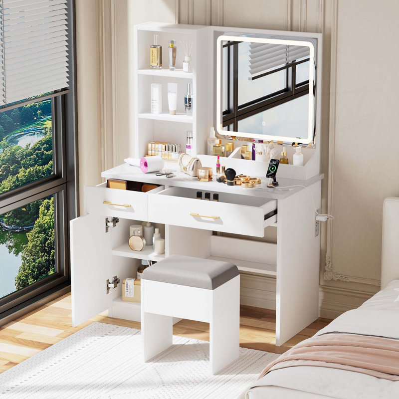 Bureau de maquillage avec miroir et lumières, coiffeuse blanche avec prise de courant et 3 modes d'éclairage, ensemble de coiffeuse avec tiroirs d'armoire et tabouret de rangement pour la chambre