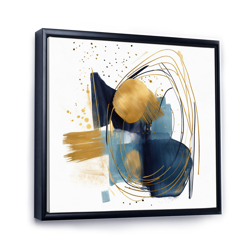 Art mural abstrait géométrique abstrait bleu foncé et doré, Cadre flottant noir, H 36 po x l 36 po x P 1,5 po
