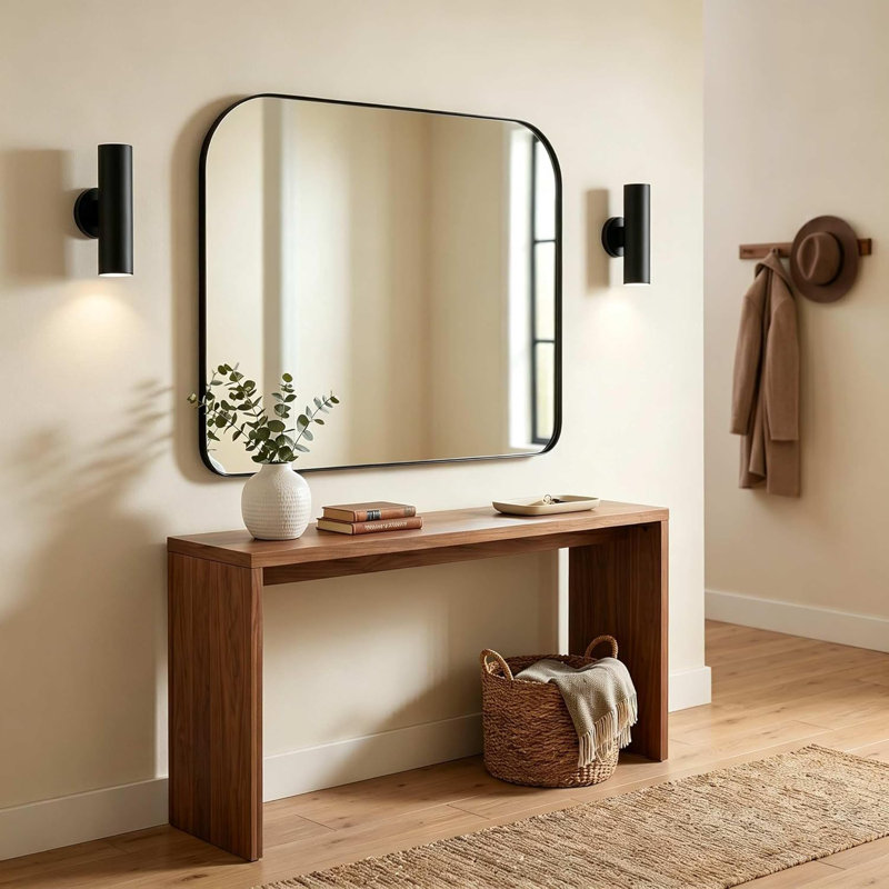 Miroir de salle de bain rectangulaire à large arche | Cadre en acier inoxydable, Noir mat, 30 po x 36 po 