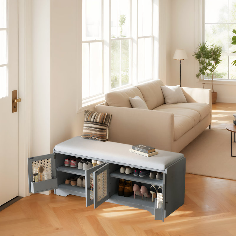 Shoe Storage Bench with Removable Cushion, and Adjustable Shelves, Gray Wash