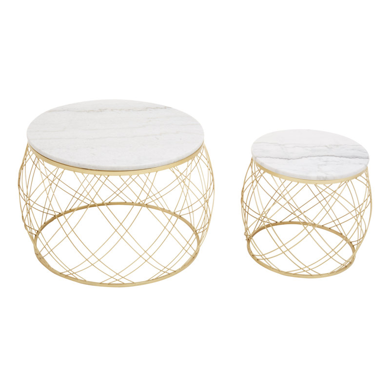 Set Of Two Side Tables With White Marble Top And Gold Frame