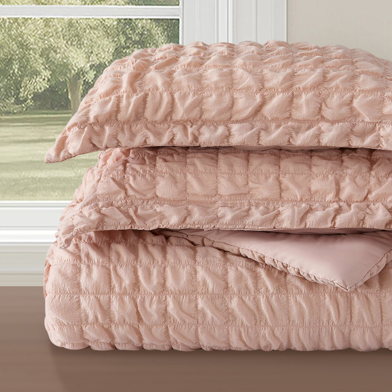 Ensemble d'édredon géométrique 3 pièces Dolton Seersucker, Grand lit, Rosé