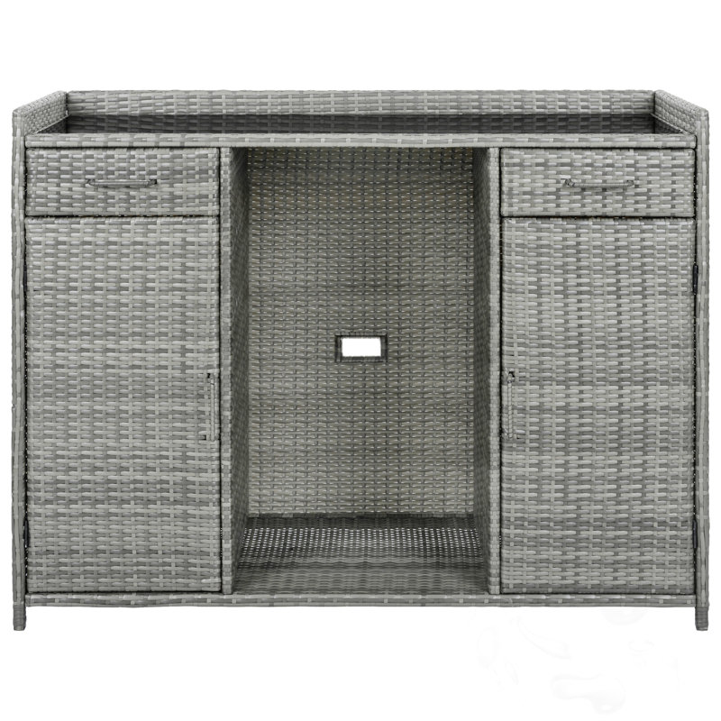 Boîte de rangement d'extérieur en osier avec espace pour réfrigérateur et tablettes et tiroirs réglables, Gris