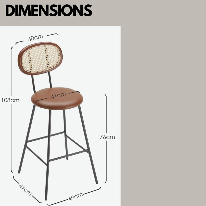 Ezrol 2-Piece Adjustable Height Stools Industrial Faux Leather With Back & Footrest, Whiskey Brown