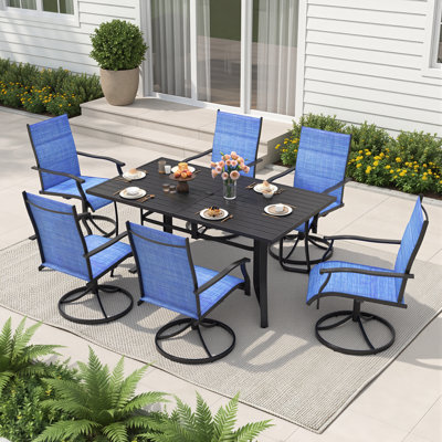 Ensemble de salle à manger d'extérieur 7 pièces 7 pièces - Comprend 6 chaises berçantes pivotantes et une table de 63 po avec trou pour parasol - Mobilier nécessitant peu d'entretien pour la cour, le porche, la piscine ou le jardin, bleu