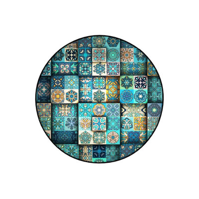 Round Blue Tile Patterned Woven Base Decorative Machine Washable Rug