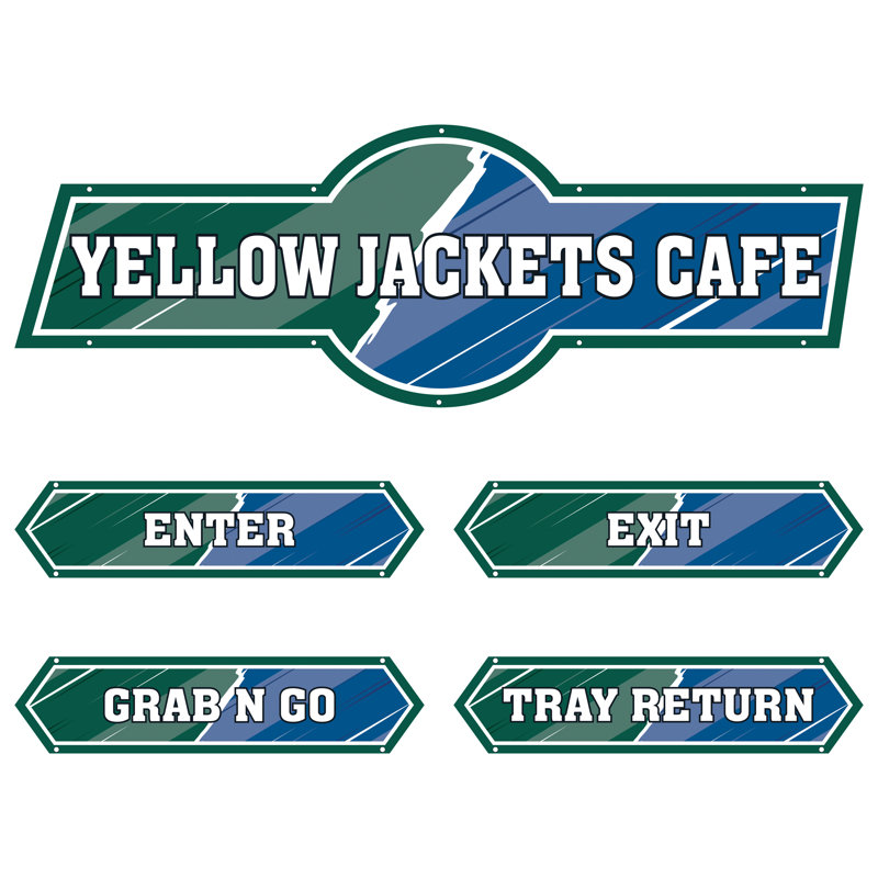 AmTab - Serving-Décor-S01-R-EC - Serving Area Signage (5 pieces) - Style 1 - Yellow Jackets
Café Sign: 24"W x 72"L
Enter Sign:  8.5"W x 36"L
Exit Sign:  8.5"W x 36"L
Grab N Go Sign:  8.5"W x 36"L
Tray Return Sign:  8.5"W x 36"L