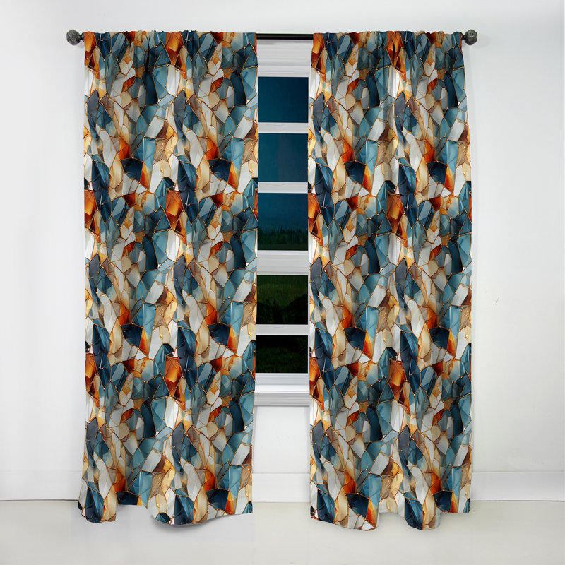 Rideau occultant en velours marbre bleu sarcelle et orange - 1 panneaux, L 52 po x L 63 po