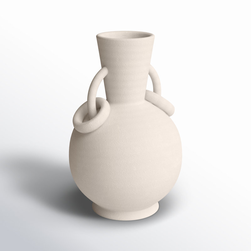 Ceramic Textured Decorative Vase with Ring Handles, Cream