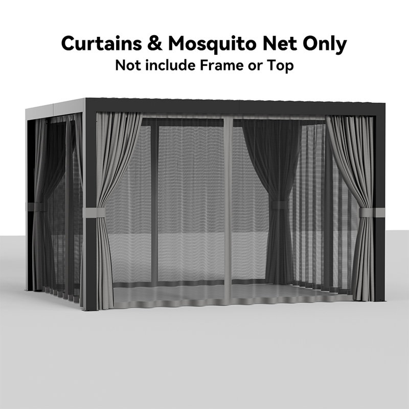 Aurora 10‘ X 10'  Universal Replacement Mosquito Netting And Curtains Set For Louvered Pergola, Sidewall Only, Grey