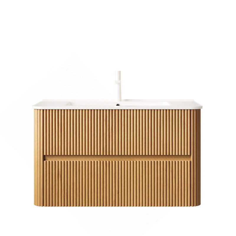 Meuble-lavabo de 36 po avec lavabo, armoire de rangement murale en contreplaqué flottant avec 2 tiroirs, lavabo en céramique blanche, sans robinet, grain de bois naturel pré-assemblé