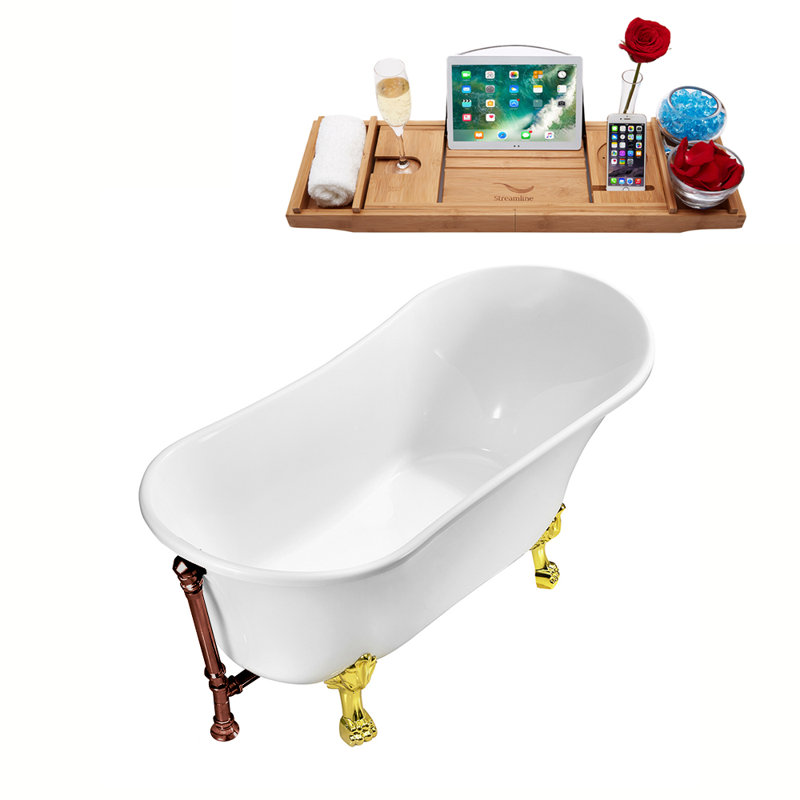 Baignoire de trempage sur pieds en acrylique 55 "avec bonde, pattes et plateau en bambou Streamline, Bronze huilé mat