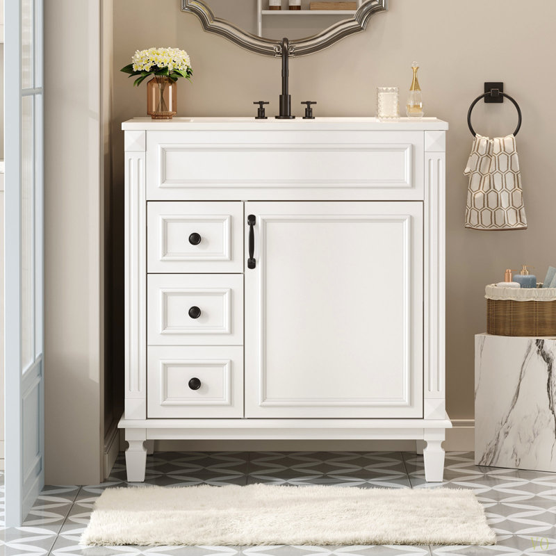 Meuble-lavabo de 30 po avec lavabo en céramique, petite armoire de salle de bain, armoire moderne avec 2 tiroirs et tablette réglable