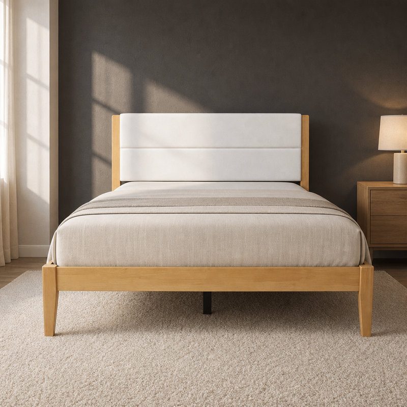 Base de lit plateforme moderne de style Mid-Century avec tête de lit rembourrée rembourrée, support de lattes solides robustes