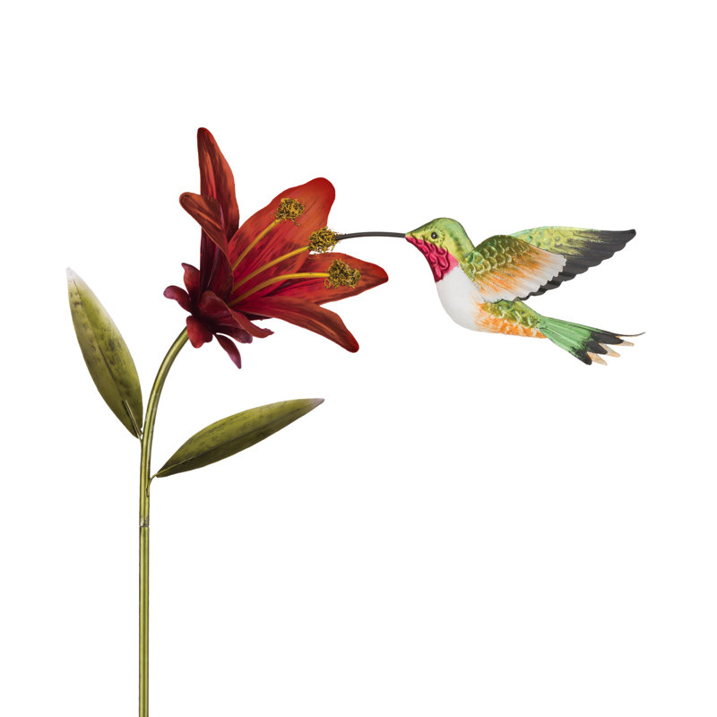 Ruby Throated Hummingbird Flower Stake with Red Lily, 44 Inches