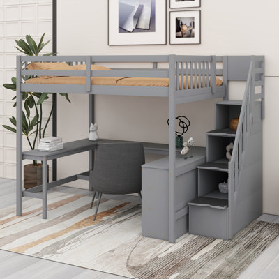 Pine Wood Frame Loft Bed With Built-In L-Shaped Desk, Three-Tier Storage Shelves, Attached Storage Staircase