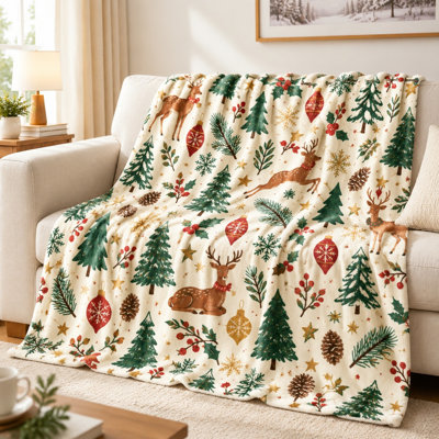 Christmas Deer & Tree Print Fleece Blanket, Festive Cozy Throw for Sofa Couch Bedroom Living Room Home Decor