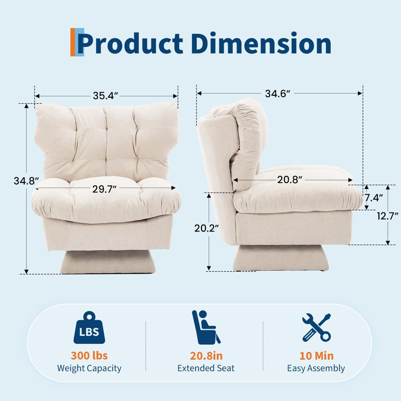 Fauteuil pivotant avec base à 360 ° et méridienne moderne en chenille pour le salon, la chambre à coucher, Beige