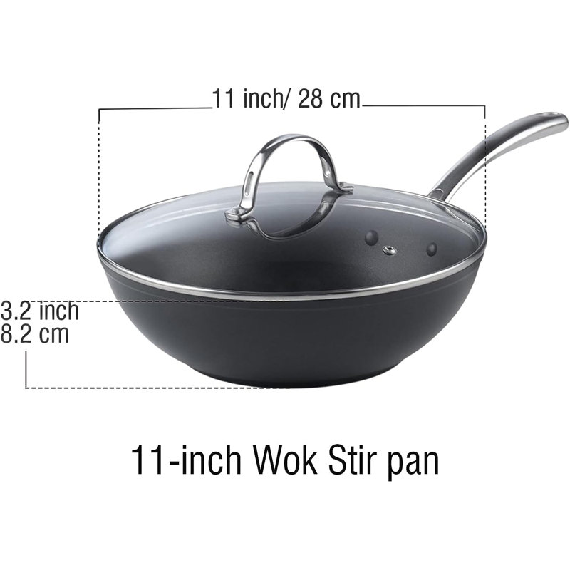 Poêle à frire antiadhésive standard de 11 pouces avec couvercle, poêles à frire antiadhésive anodisée dure de Cooks, wok à fond plat pour sauté, va au lave-vaisselle et au four
