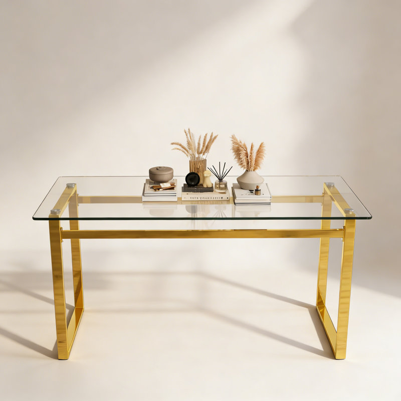 Table de salle à manger 51 "pour 4 à 6 personnes avec plateau en verre trempé de 0,31" et pieds en métal, Doré