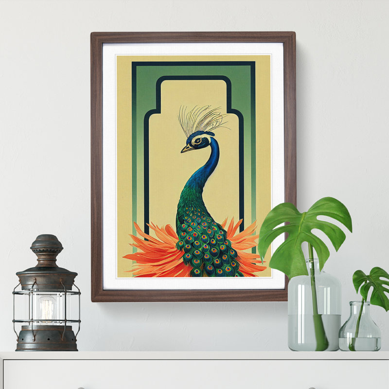 Peacock Art Deco No.2 - Single Picture Frame Print, Walnut, 64cm H x 46cm W