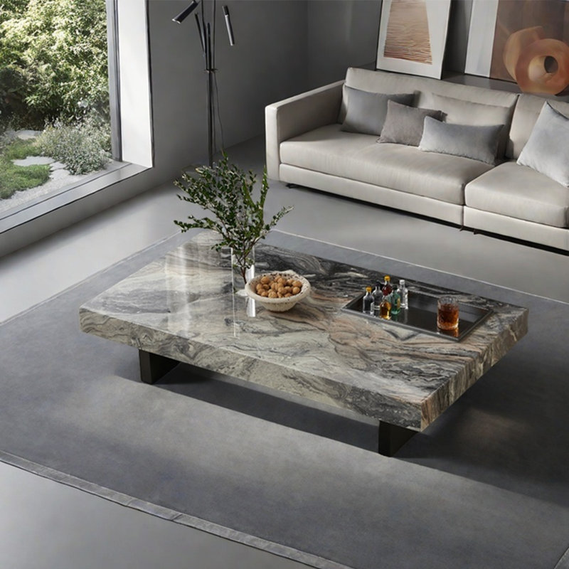Simple rectangular marble coffee table, 13.8" H x 55.1" L x 31.5" W
