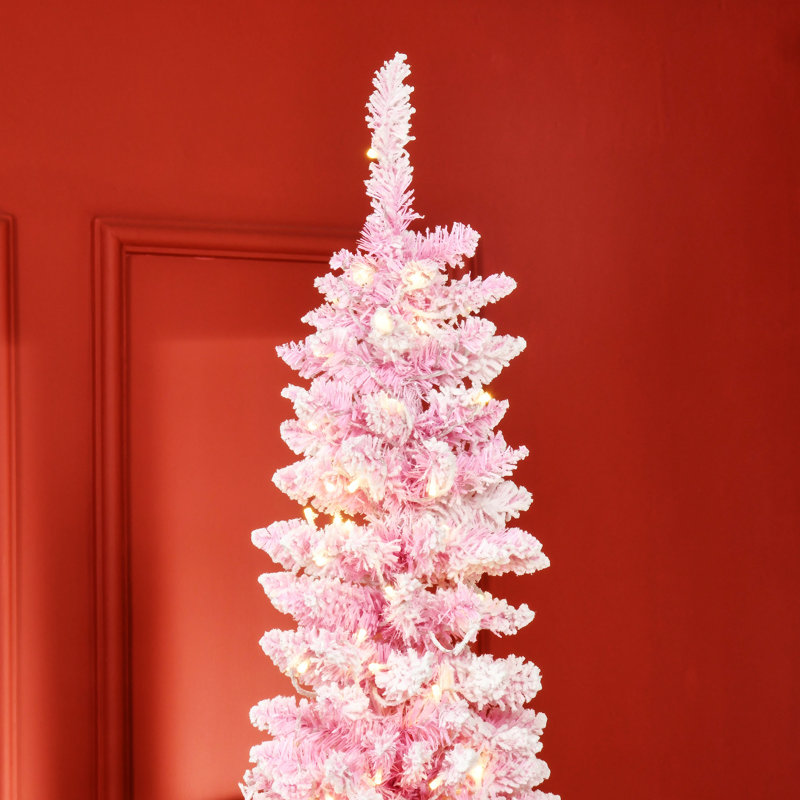Prelit Snow Flocked Artificial Christmas Tree With Pencil Shape, Pine Realistic Branches, Warm  LED Lights, Auto Open, Pink And