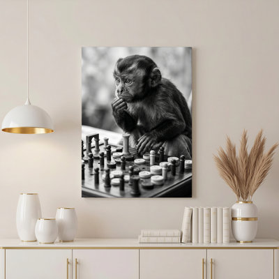 «Gallery Wrap», art mural sur toile pour le salon, la chambre à coucher, le bureau ou le vestibule - décoration murale décorative avec jeu d'échecs de singe