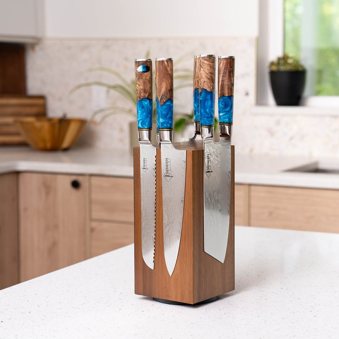 Rotating Magnetic Knife Block - Natural Acacia Hardwood Knife Stand with 360 Degrees Rotation -  Ultra Strong Neodymium Magnets - Universal Knife Holder Storage For Kitchen Counter Senken Knives