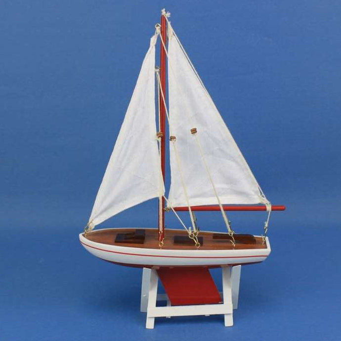 Bateau à voile flottant en bois, Rouge / Blanc, H 12 po x l 2,5 po x P 8 po