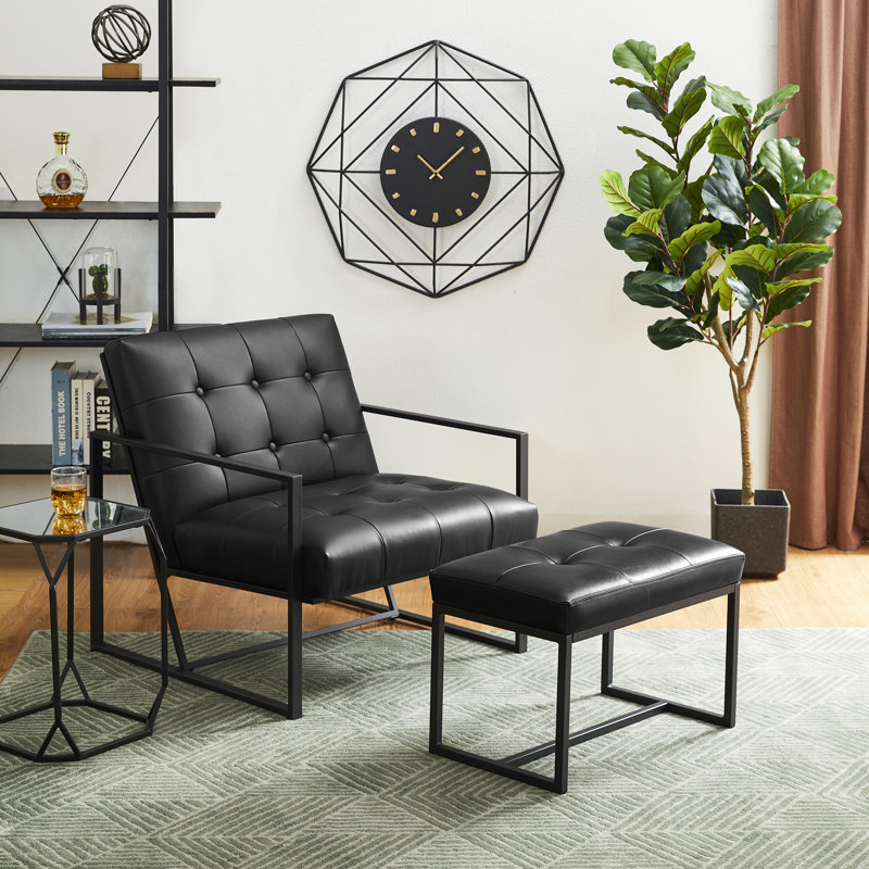 Buren Vegan Leather Armchair and Stool Set, Noir