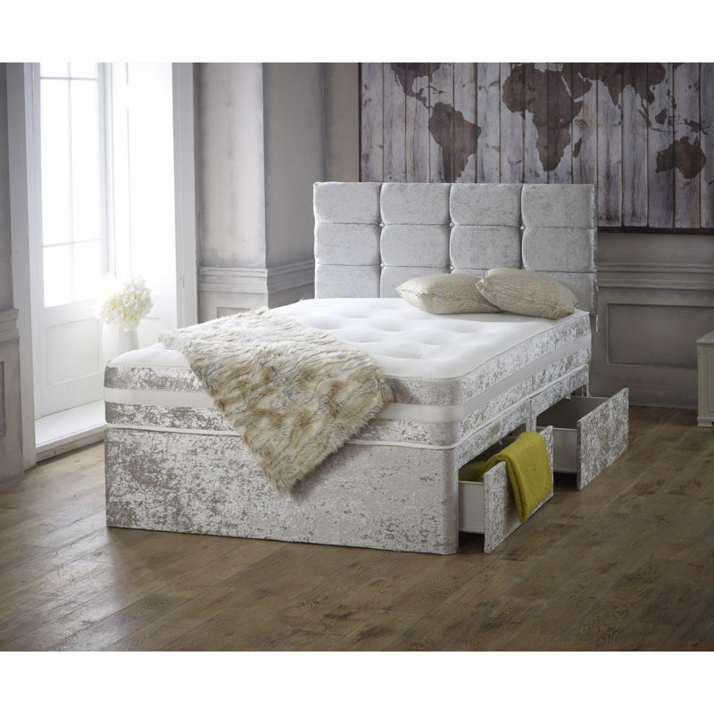 Ceda Upholstered Bed with Mattress, Kingsize (5'), Silver, 2 Drawers Same Side