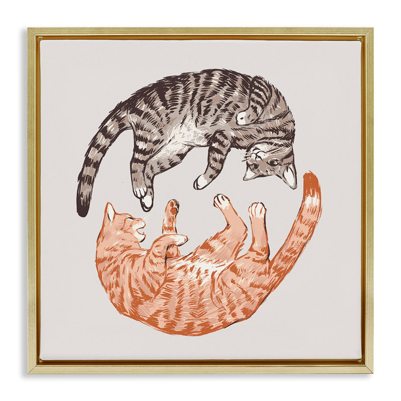 «Tabby Cats Duo», art mural gris sur toile flottante par Ziwei Li, Cadre flottant métallique doré, H 25 po x l 25 po