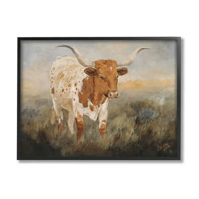 «Longhorn Bovins broutant encadré sur bois» par Kathy Winkler, peinture