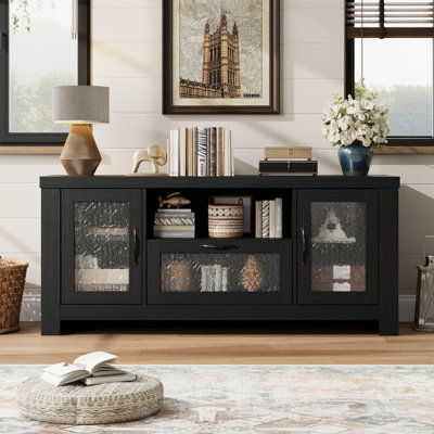 Meuble télé Farmhouse pour téléviseur 55/65 po, meuble audio-vidéo en bois avec armoire de rangement à porte en acrylique, tablettes réglables, console de télévision robuste pour le salon et la chambre à coucher
