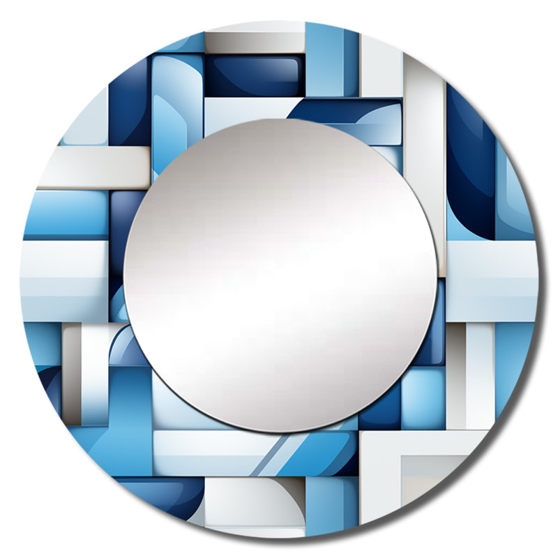 Harmonie de blocs géométriques blancs et bleus Rodregus - miroir mural géométrique unique, 29 po x 29 po, Round