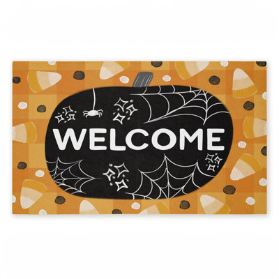 Welcome Pumpkin Candy Corn Printed Outdoor Door Mat, design by Emily Cromwell, 30"