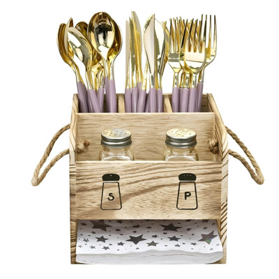 Wooden Utensil Caddy With Handles, Includes Salt Pepper Shaker,Silverware Caddy,Silverware Holder Organizer For Countertop,Party,Camping And Kitchen,Picnic Cutlery Holders