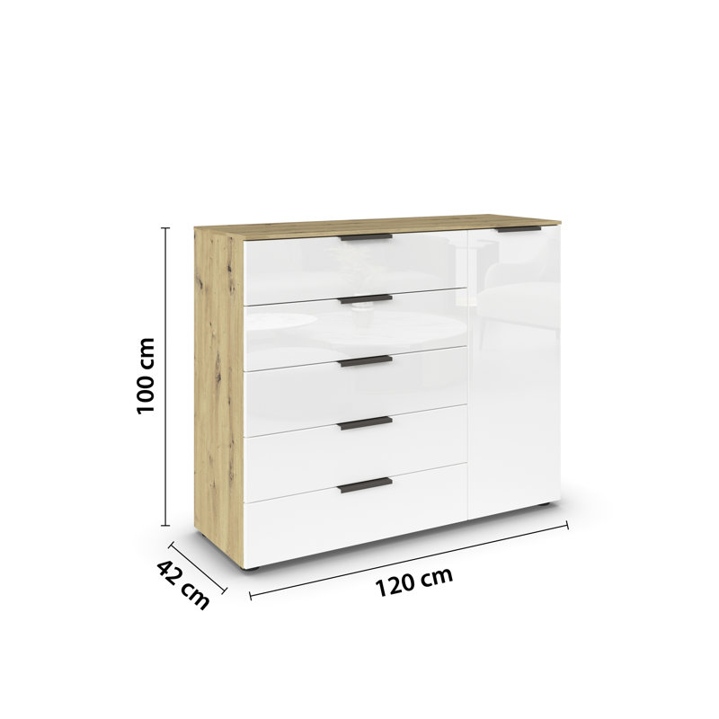 Flipp 5 - Drawer Chest of Drawers, Artisan Oak/White Glass/Graphite