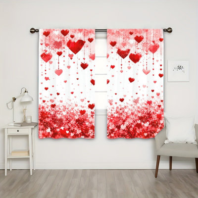 2PCS Red Heart Pattern Light Filtering Curtains with Hanging Beads Design, Valentine's Day Theme Decor, Easy Hang Rod Pocket, All-Season Curtains for Home Living Room Bedroom Celebration Decoration